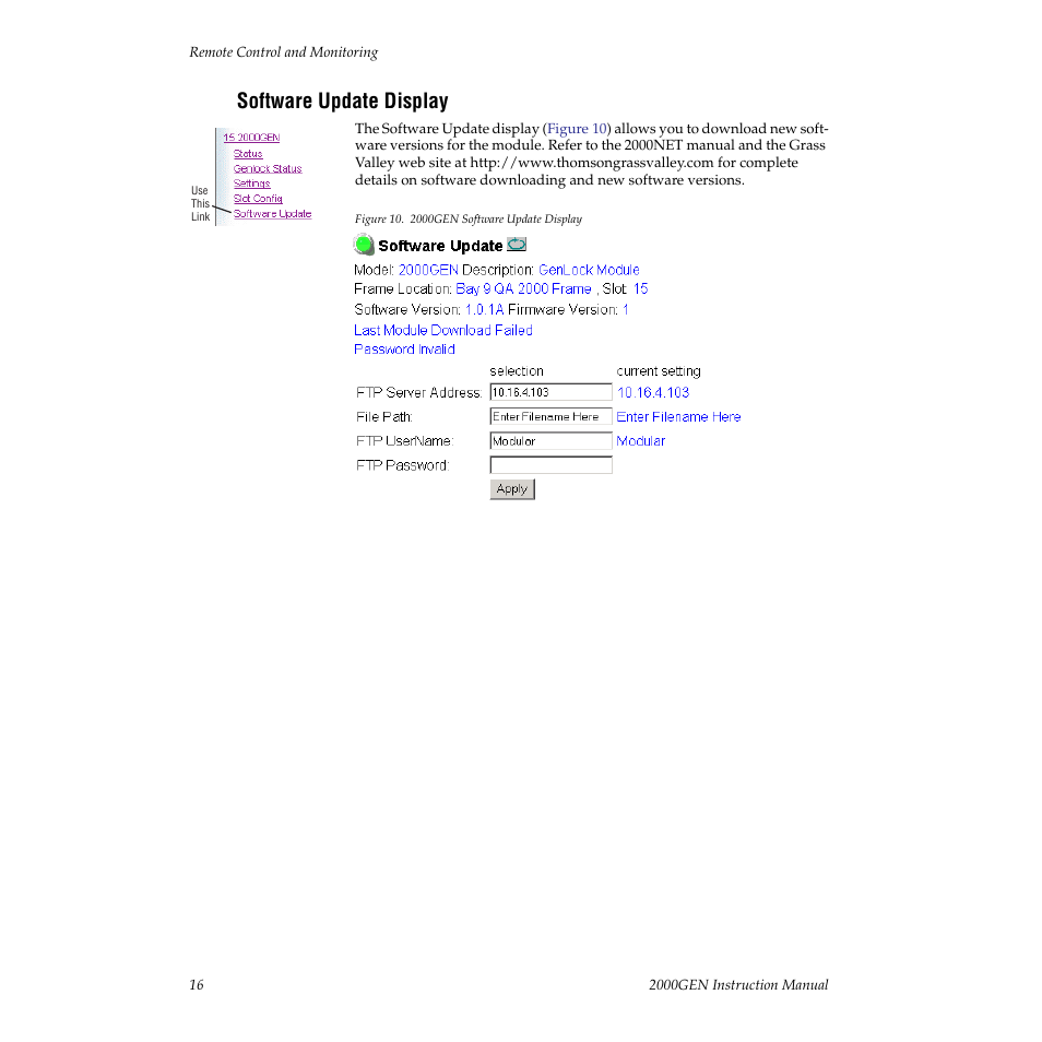 Software update display | Grass Valley 2000GEN User Manual | Page 16 / 22