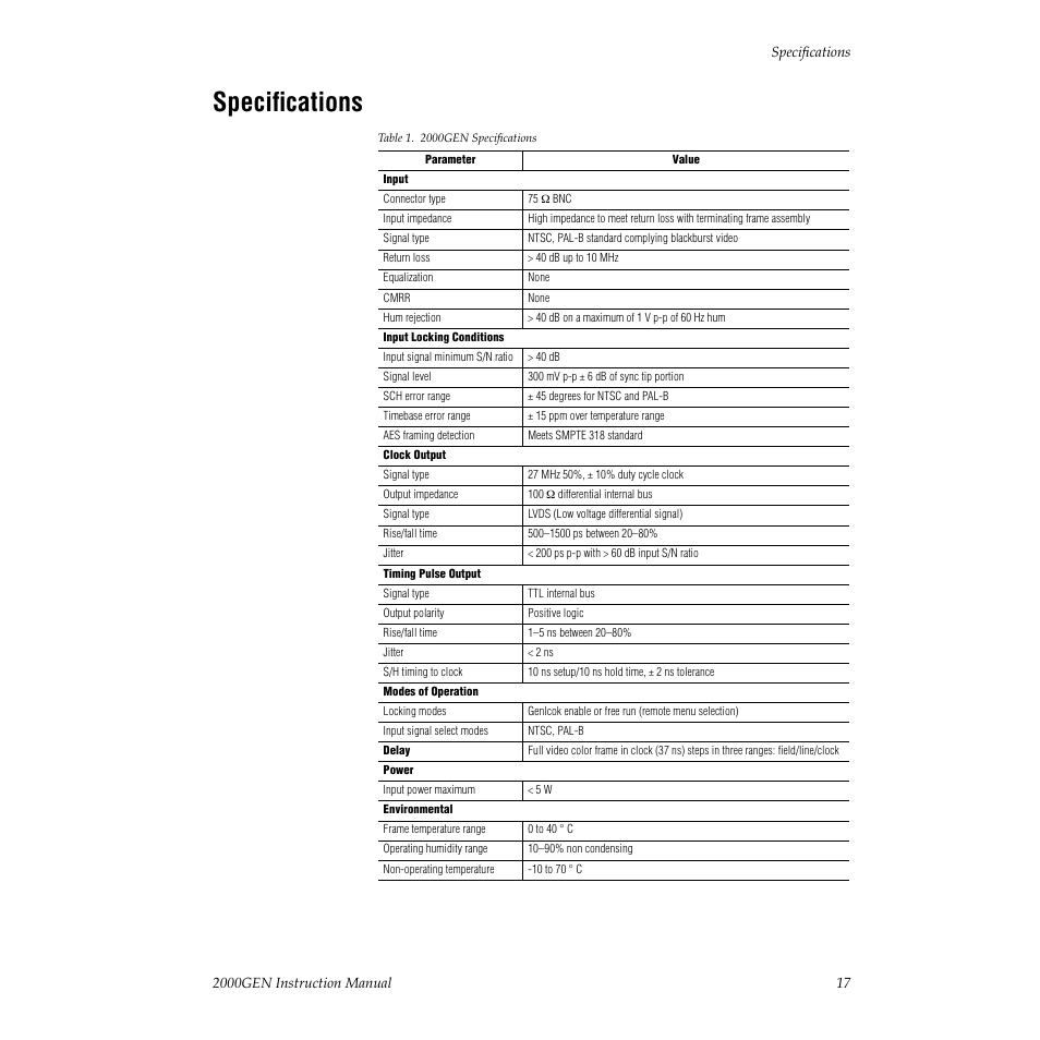 Specifications, Connect a video input to the refer | Grass Valley 2000GEN User Manual | Page 17 / 22