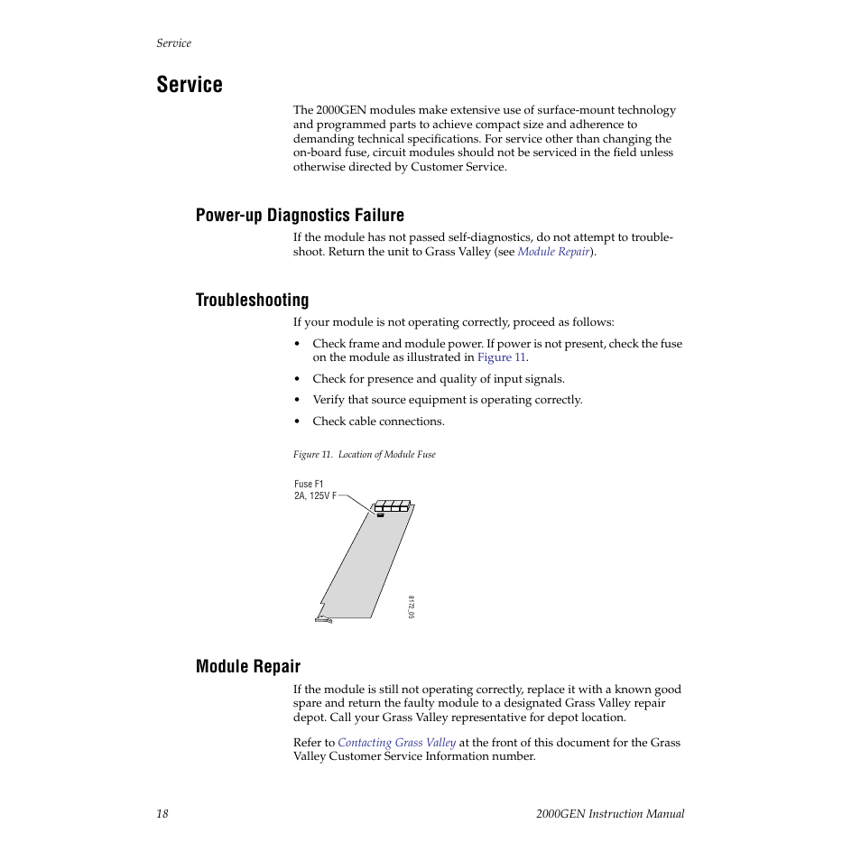 Service, Power-up diagnostics failure, Troubleshooting | Module repair | Grass Valley 2000GEN User Manual | Page 18 / 22