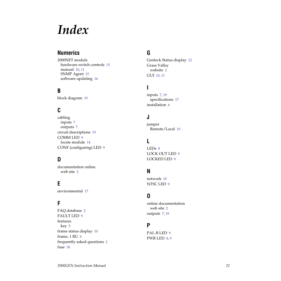Index, Numerics | Grass Valley 2000GEN User Manual | Page 21 / 22