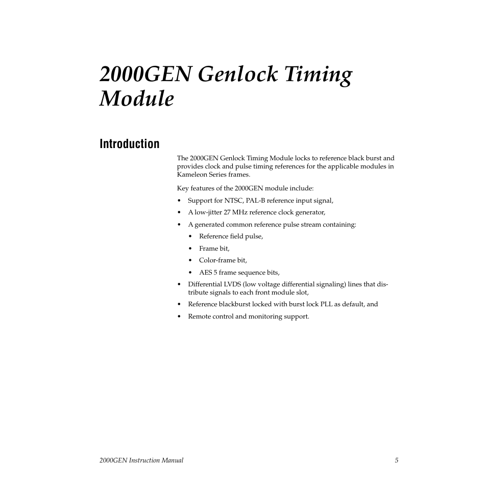 2000gen genlock timing module, Introduction | Grass Valley 2000GEN User Manual | Page 5 / 22