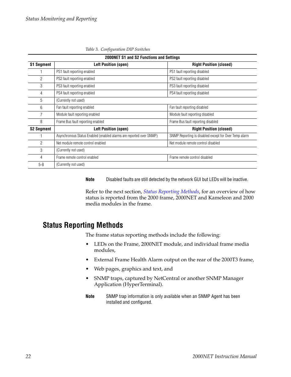 Status reporting methods, Table 3, And s2 and | Grass Valley 2000NET v4.0.0 User Manual | Page 22 / 92