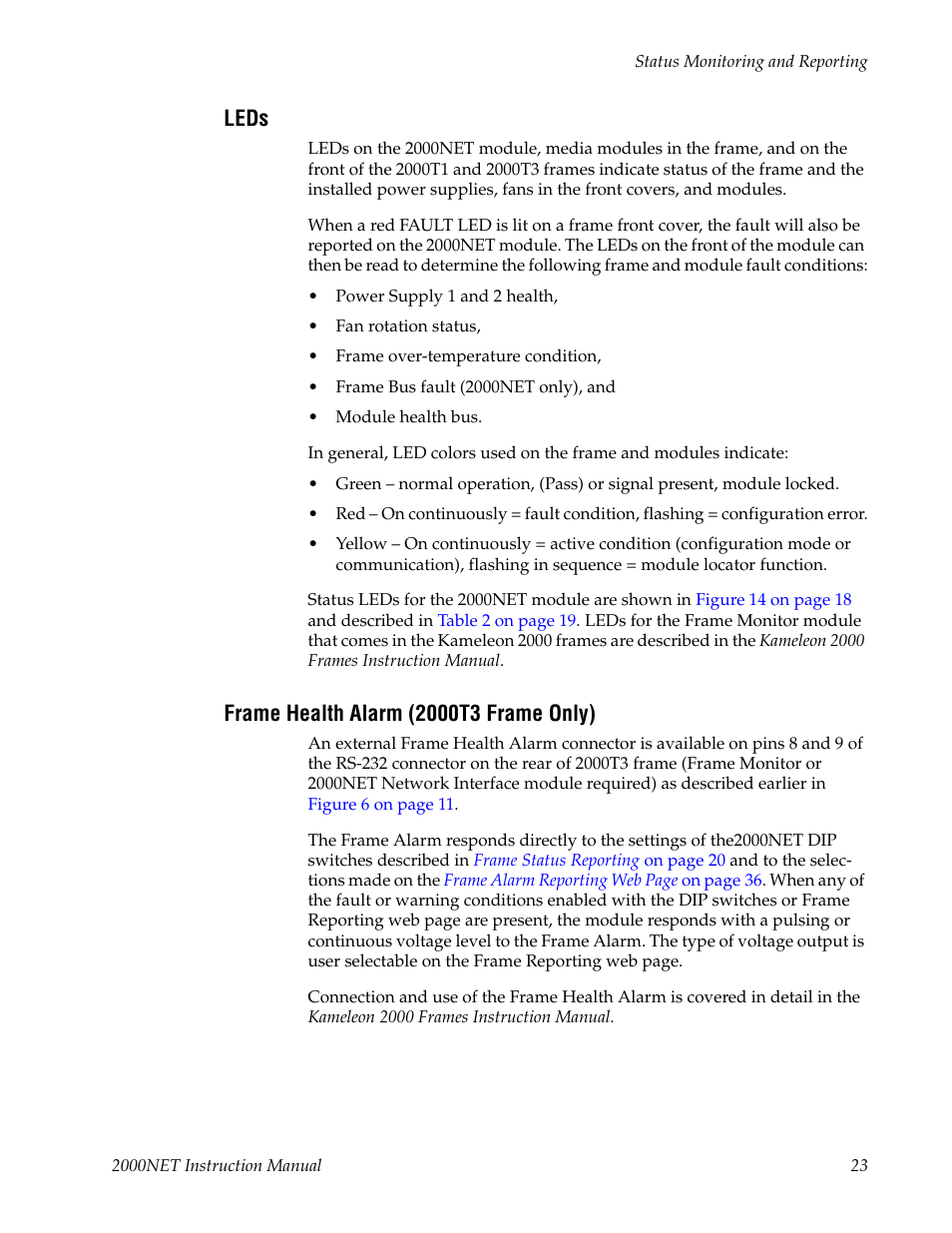 Leds, Frame health alarm (2000t3 frame only) | Grass Valley 2000NET v4.0.0 User Manual | Page 23 / 92