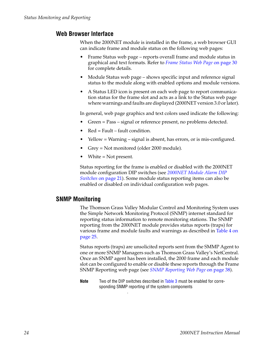 Web browser interface, Snmp monitoring | Grass Valley 2000NET v4.0.0 User Manual | Page 24 / 92