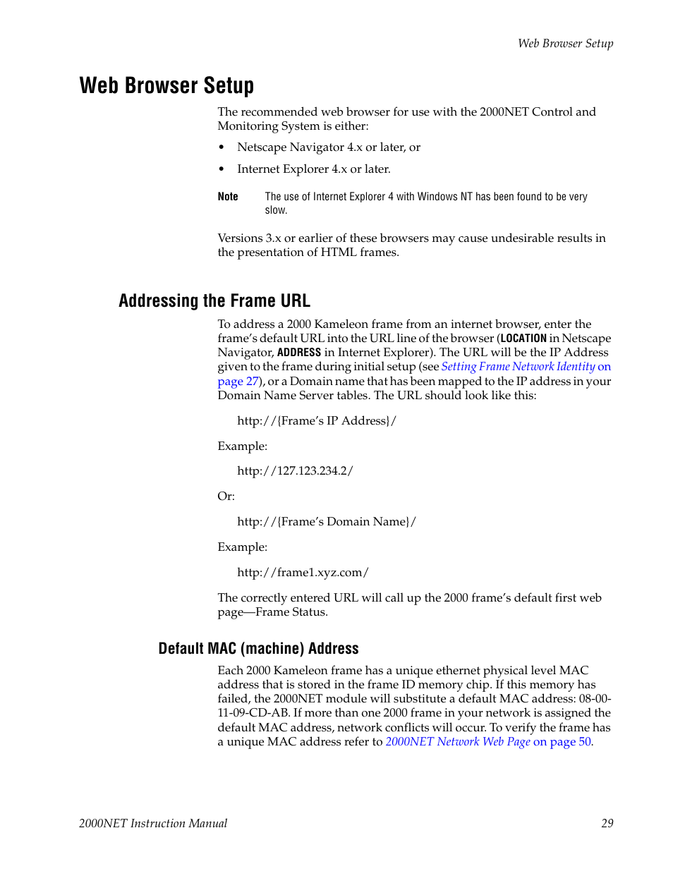 Web browser setup, Addressing the frame url, Default mac (machine) address | Grass Valley 2000NET v4.0.0 User Manual | Page 29 / 92
