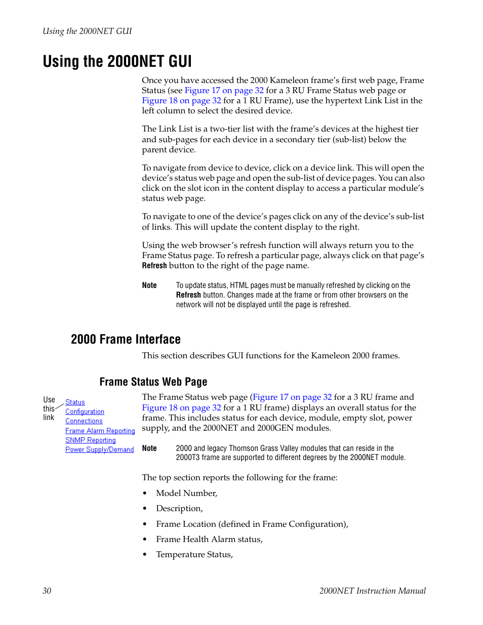 Using the 2000net gui, 2000 frame interface | Grass Valley 2000NET v4.0.0 User Manual | Page 30 / 92