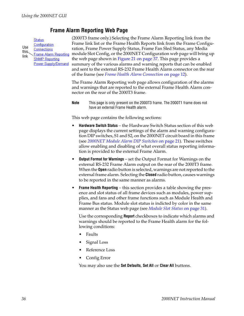 And the, Frame alarm reporting web page | Grass Valley 2000NET v4.0.0 User Manual | Page 36 / 92
