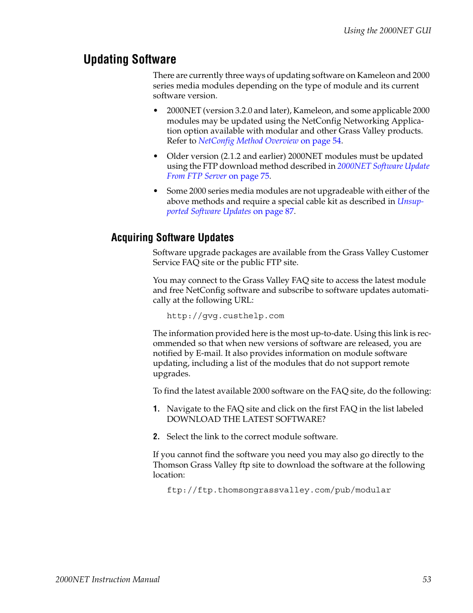 Updating software, Acquiring software updates | Grass Valley 2000NET v4.0.0 User Manual | Page 53 / 92