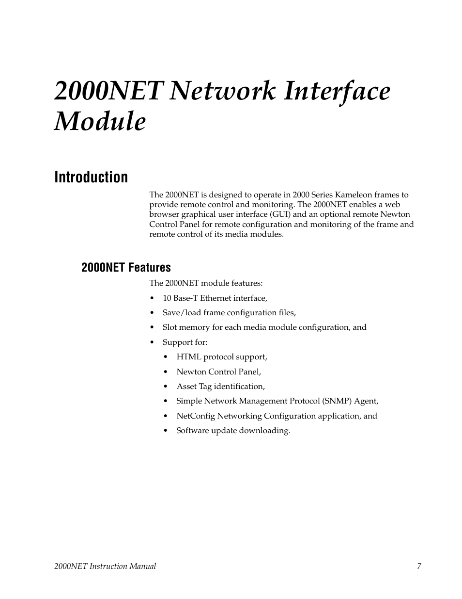 2000net network interface module, Introduction, 2000net features | Grass Valley 2000NET v4.0.0 User Manual | Page 7 / 92