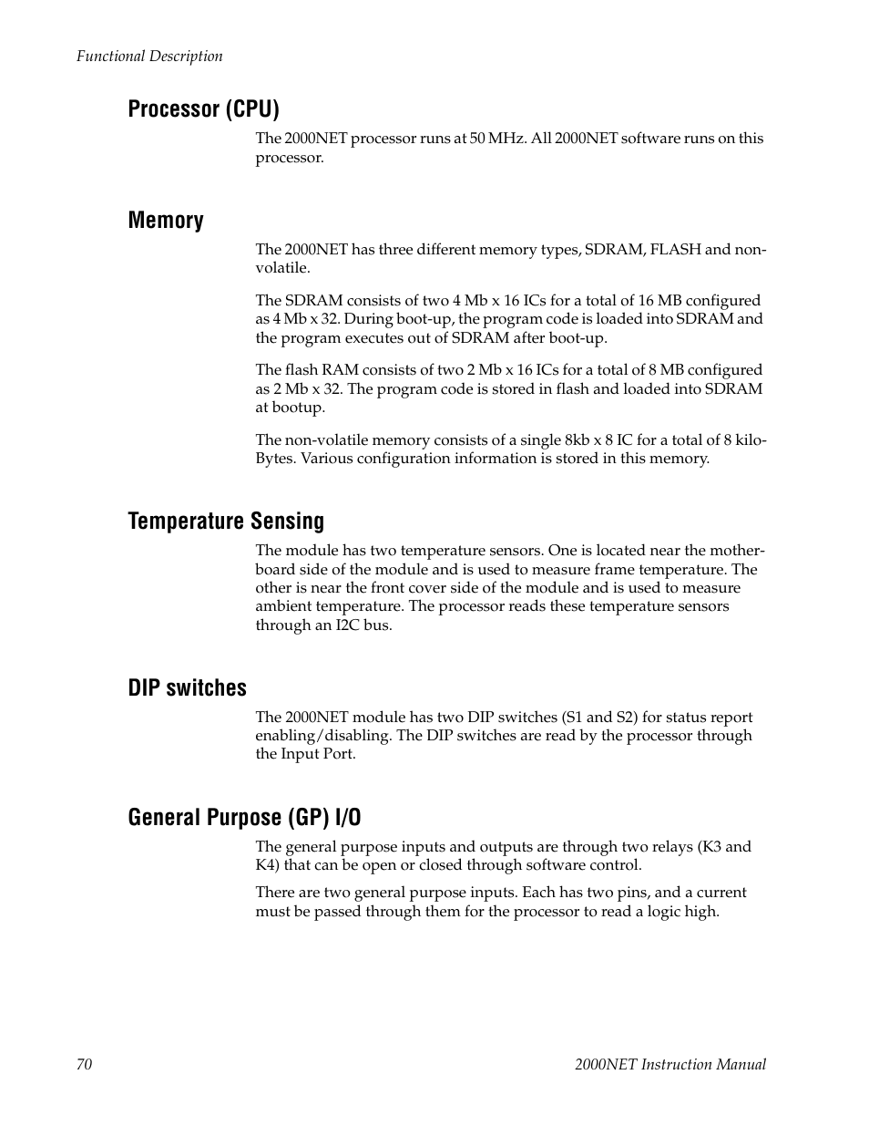 Processor (cpu), Memory, Temperature sensing | Dip switches, General purpose (gp) i/o | Grass Valley 2000NET v4.0.0 User Manual | Page 70 / 92