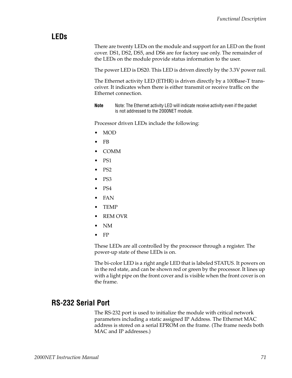 Leds, Rs-232 serial port | Grass Valley 2000NET v4.0.0 User Manual | Page 71 / 92