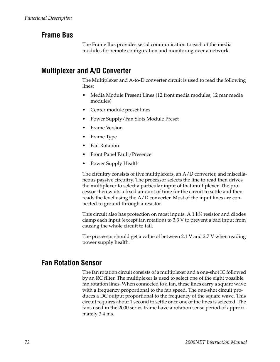 Frame bus, Multiplexer and a/d converter, Fan rotation sensor | Grass Valley 2000NET v4.0.0 User Manual | Page 72 / 92