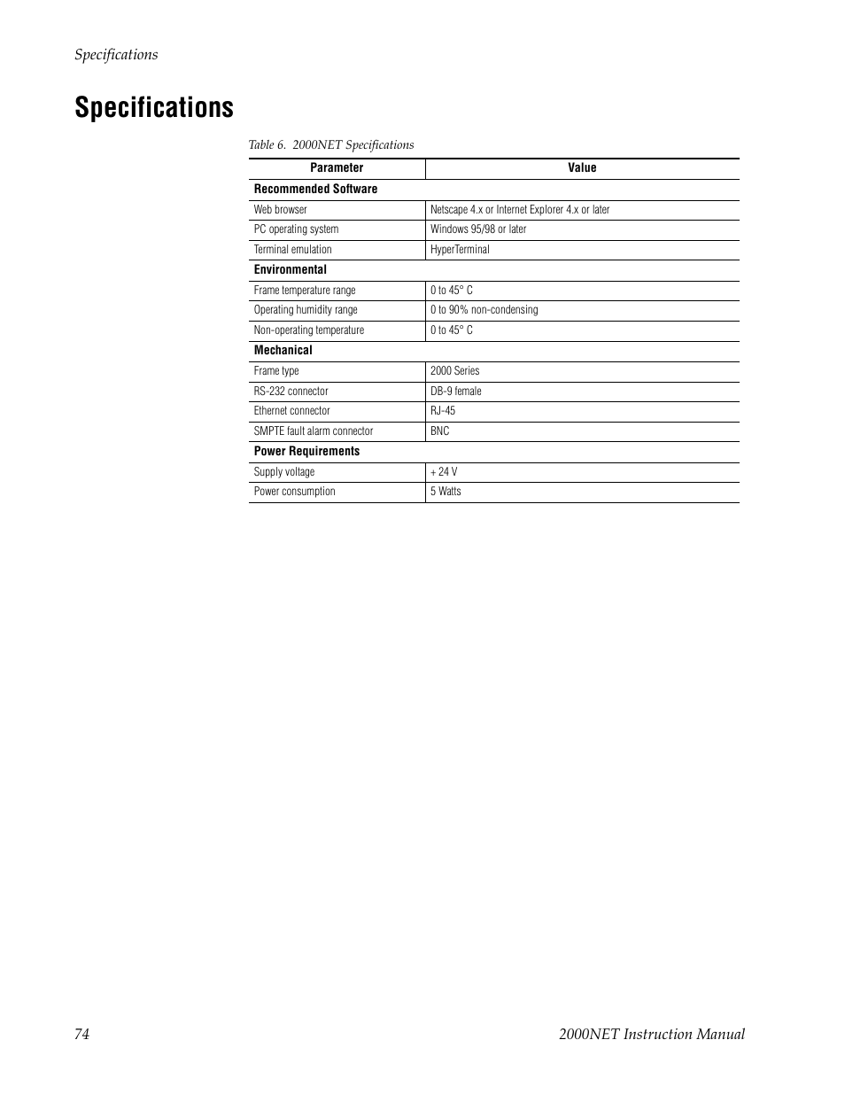 Specifications | Grass Valley 2000NET v4.0.0 User Manual | Page 74 / 92