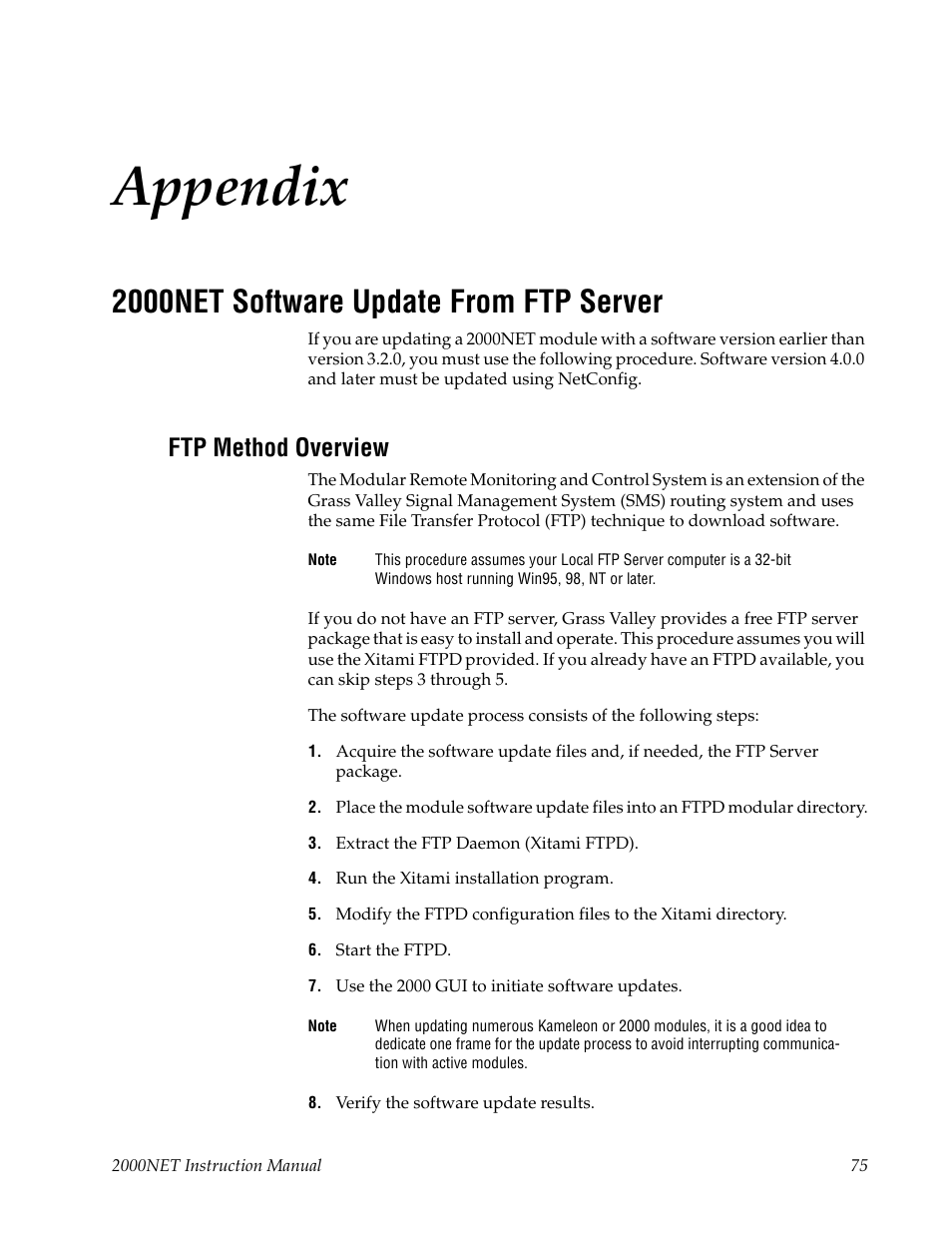 2000net software update from ftp server, Ftp method overview, Appendix | 2000net software update | Grass Valley 2000NET v4.0.0 User Manual | Page 75 / 92