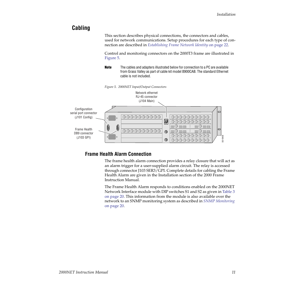 Cabling, Frame health alarm connection | Grass Valley 2000NET v3.2.2 User Manual | Page 11 / 72