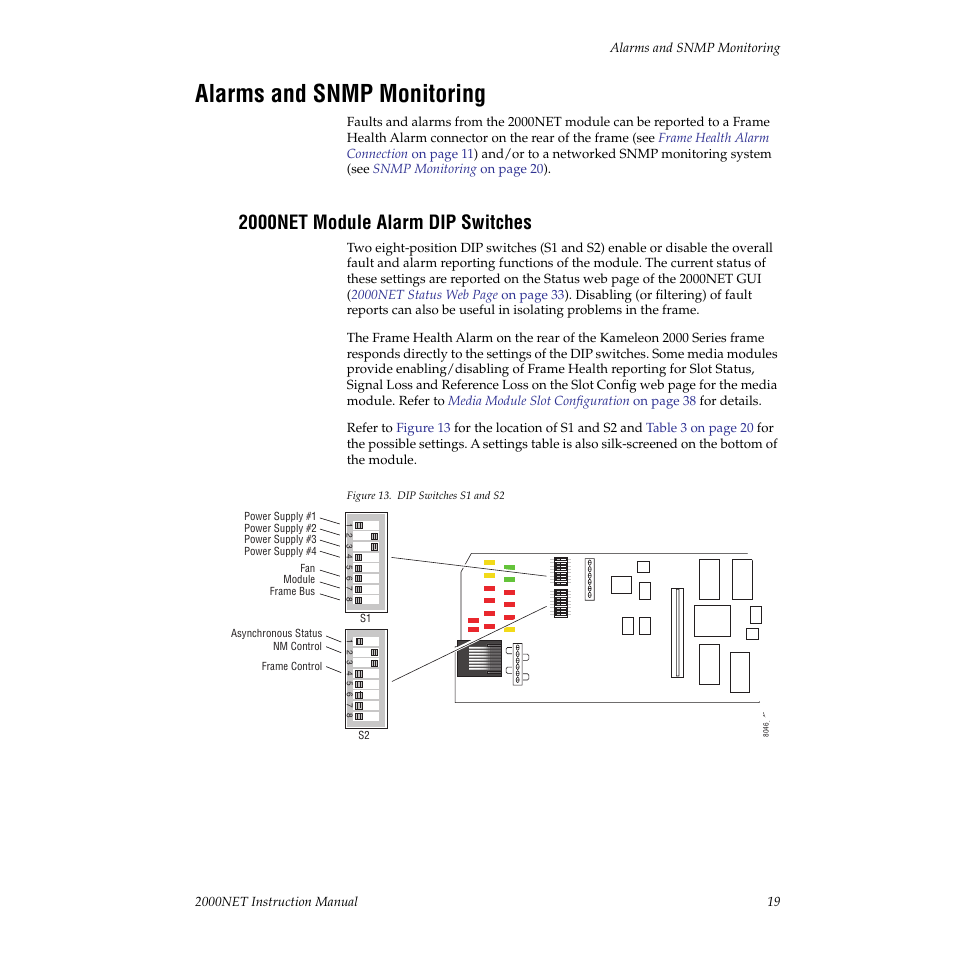 Alarms and snmp monitoring, 2000net module alarm dip switches | Grass Valley 2000NET v3.2.2 User Manual | Page 19 / 72