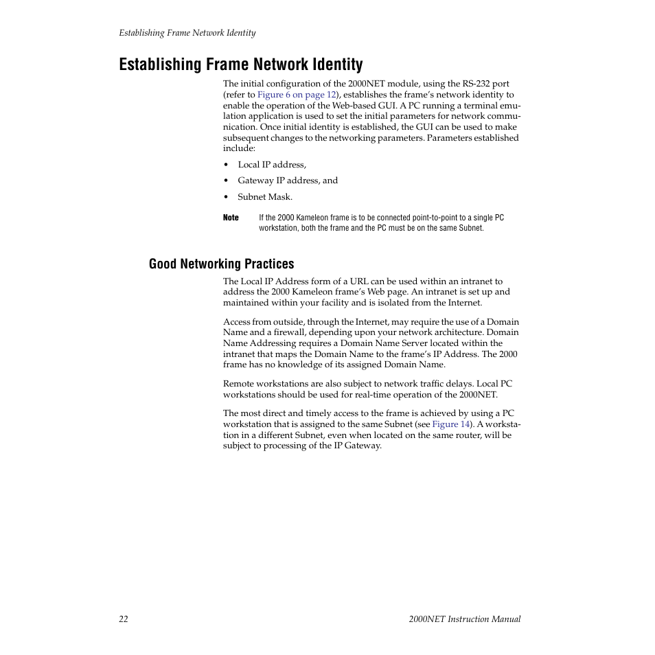 Establishing frame network identity, Good networking practices, E described in | Grass Valley 2000NET v3.2.2 User Manual | Page 22 / 72