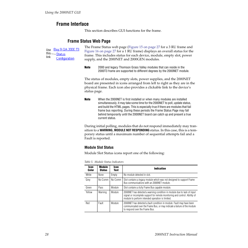 Frame interface, Frame status web page | Grass Valley 2000NET v3.2.2 User Manual | Page 28 / 72