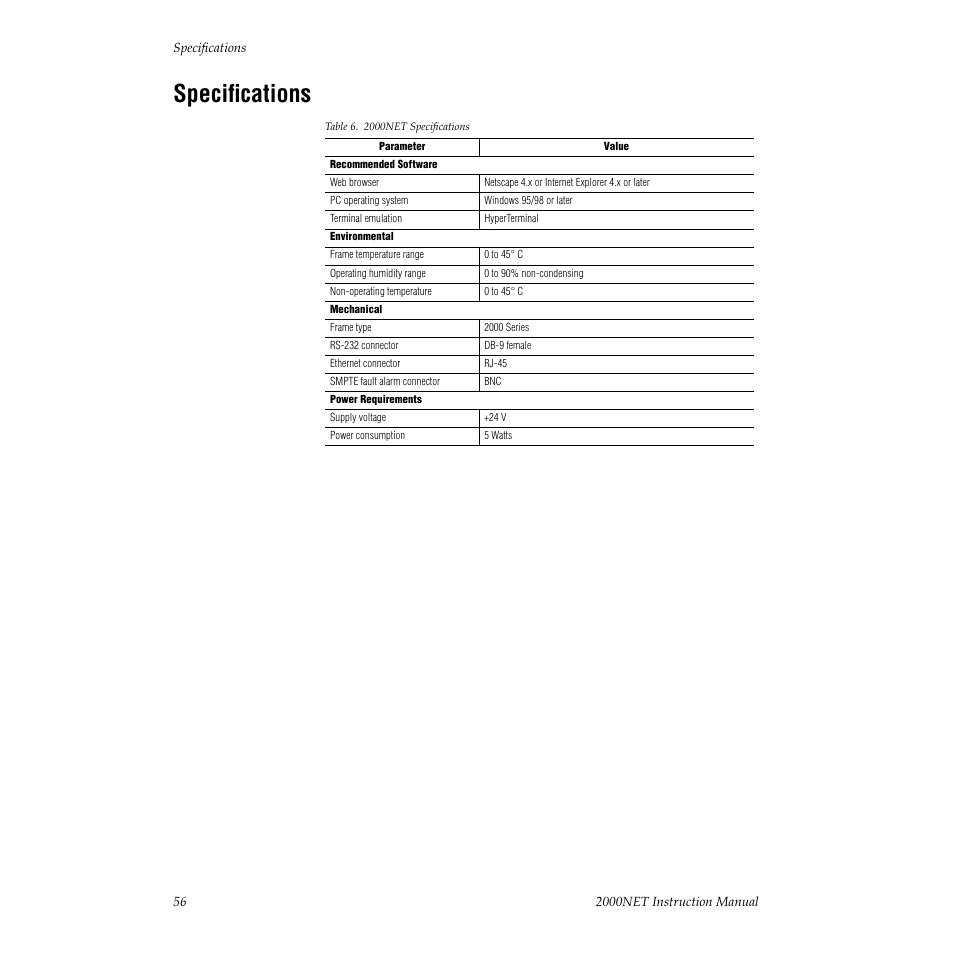 Specifications | Grass Valley 2000NET v3.2.2 User Manual | Page 56 / 72