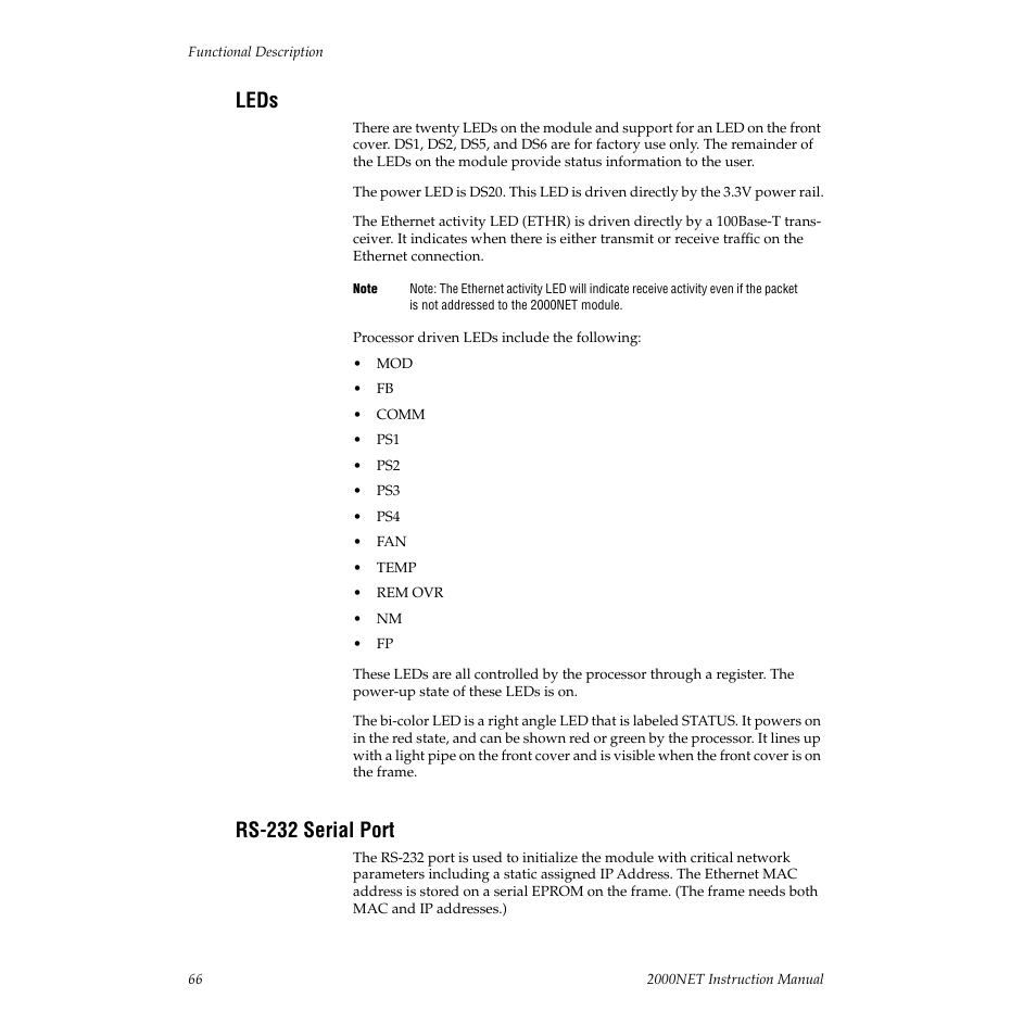 Leds, Rs-232 serial port | Grass Valley 2000NET v3.2.2 User Manual | Page 66 / 72