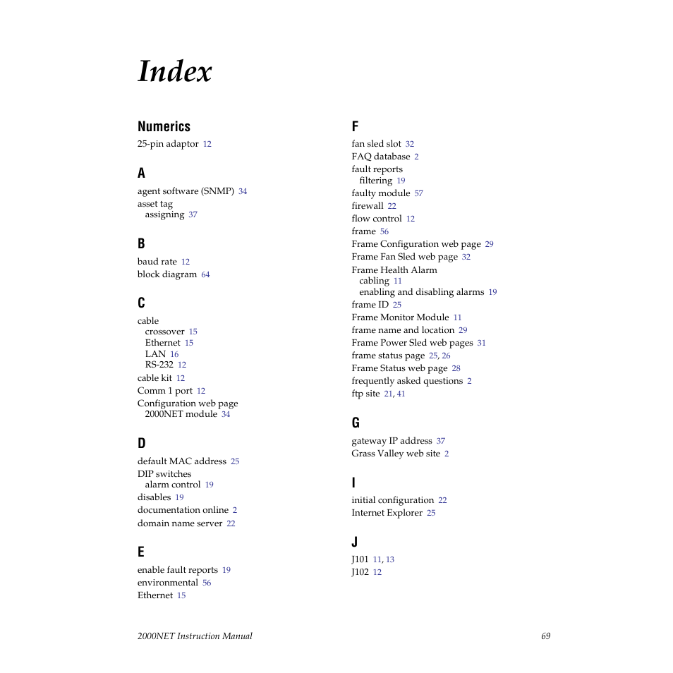 Index, Numerics | Grass Valley 2000NET v3.2.2 User Manual | Page 69 / 72