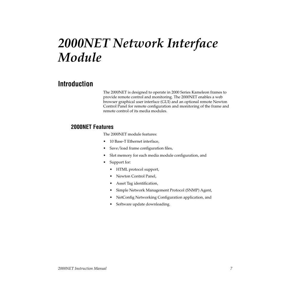 2000net network interface module, Introduction, 2000net features | Grass Valley 2000NET v3.2.2 User Manual | Page 7 / 72