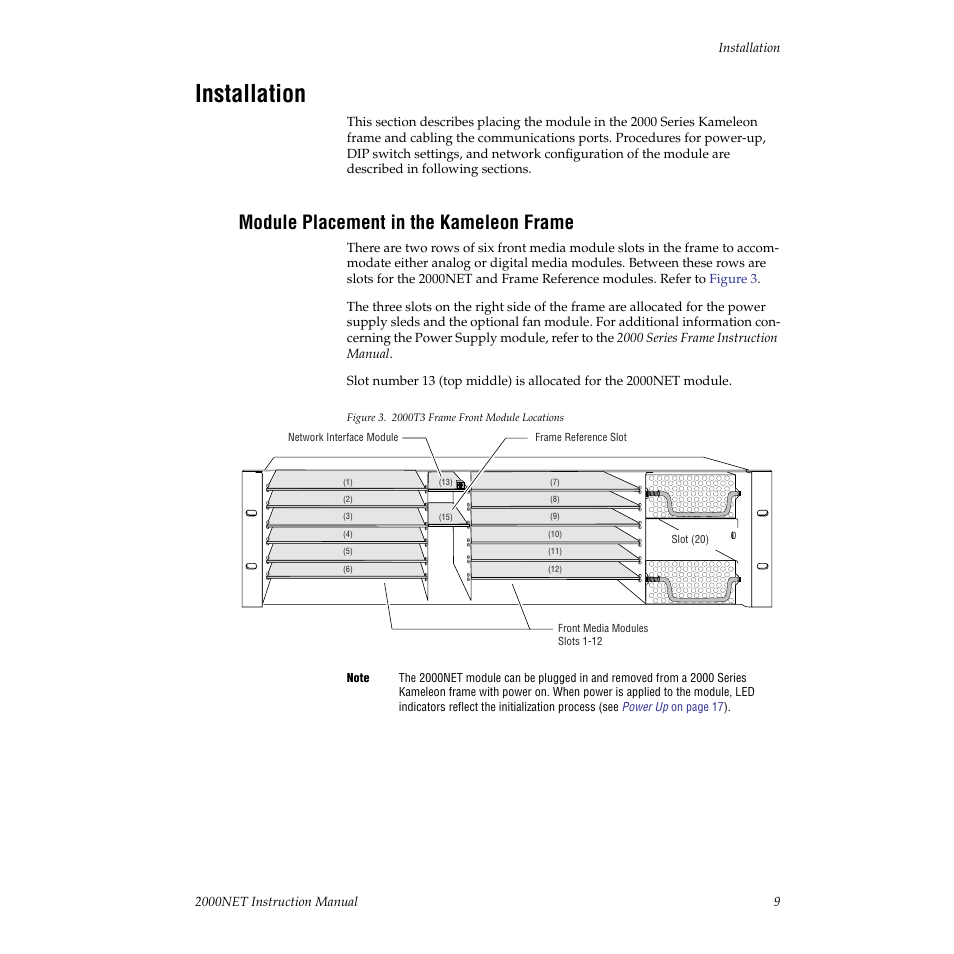 Installation, Module placement in the kameleon frame | Grass Valley 2000NET v3.2.2 User Manual | Page 9 / 72