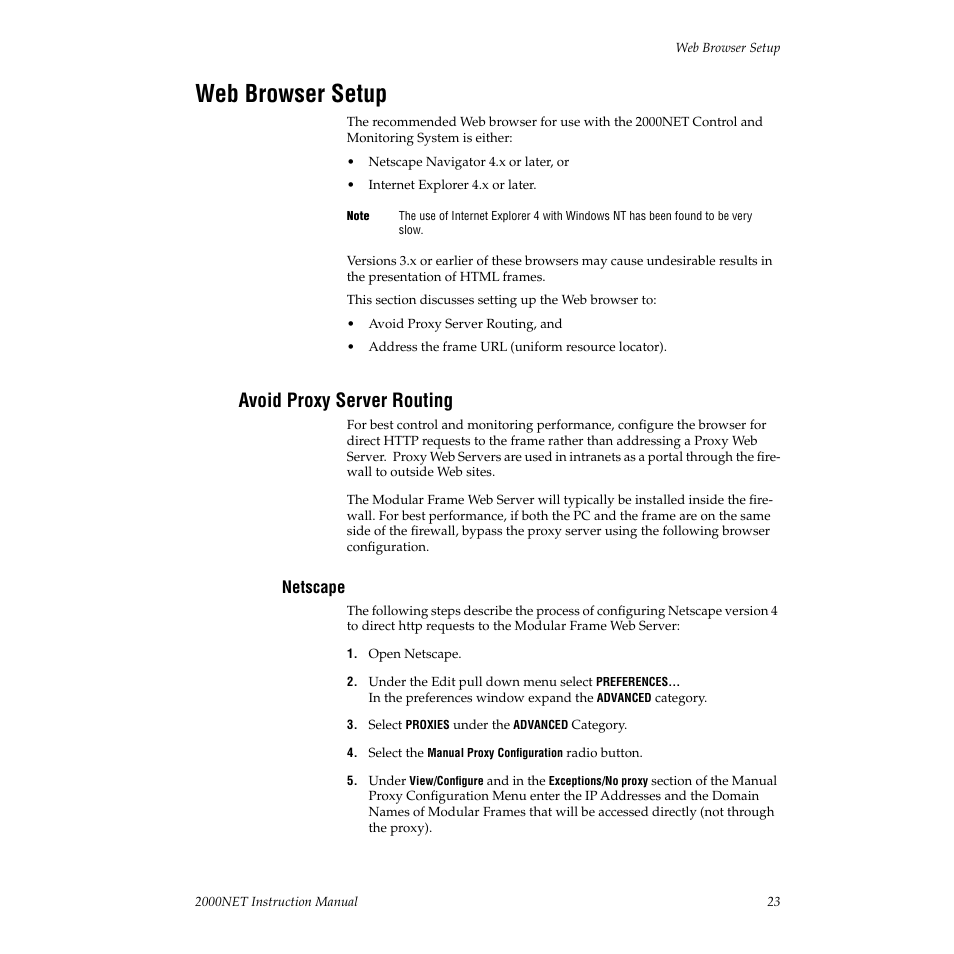 Web browser setup, Avoid proxy server routing, Netscape | Grass Valley 2000NET v3.1 User Manual | Page 23 / 68