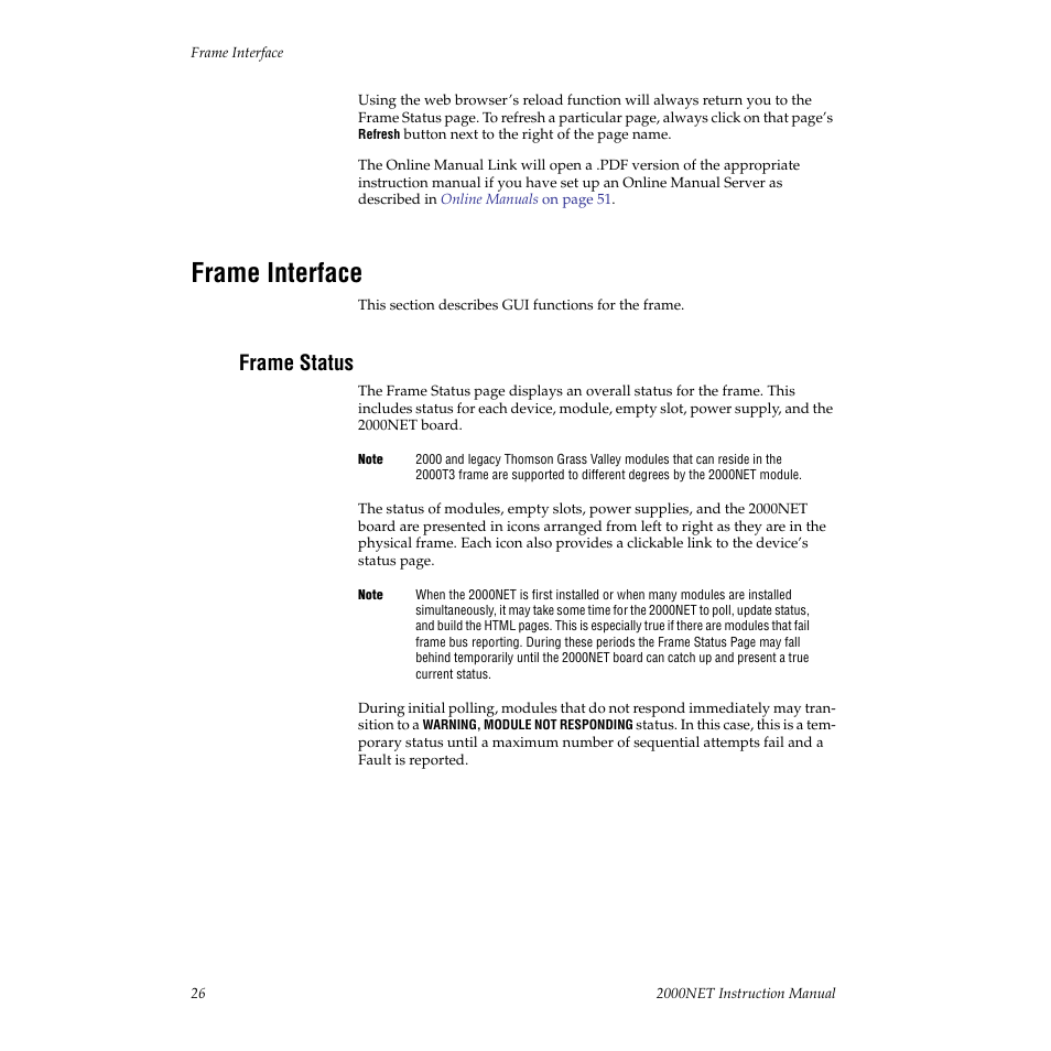 Frame interface, Frame status | Grass Valley 2000NET v3.1 User Manual | Page 26 / 68