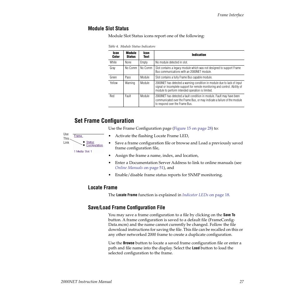 Module slot status, Set frame configuration, Locate frame | Save/load frame configuration file | Grass Valley 2000NET v3.1 User Manual | Page 27 / 68