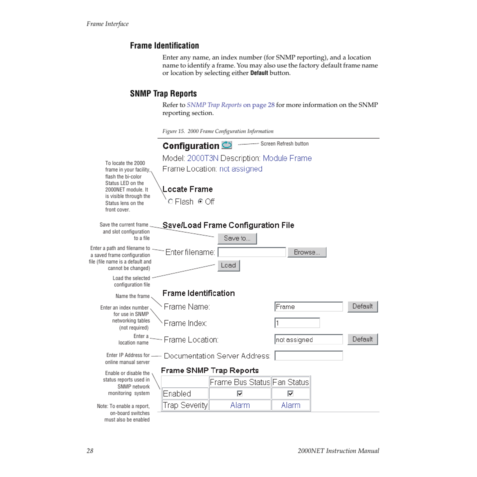 Frame identification, Snmp trap reports | Grass Valley 2000NET v3.1 User Manual | Page 28 / 68