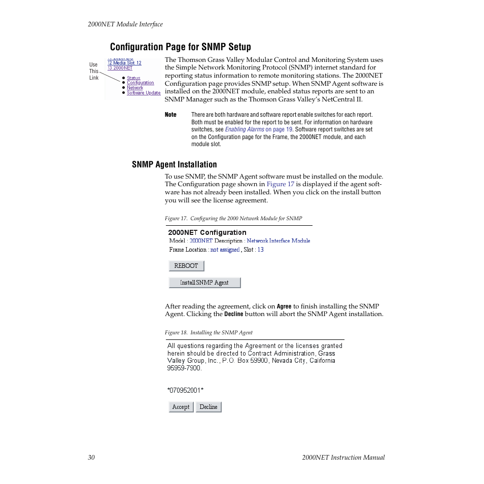 Snmp agent installation, Configuration page for snmp setup | Grass Valley 2000NET v3.1 User Manual | Page 30 / 68