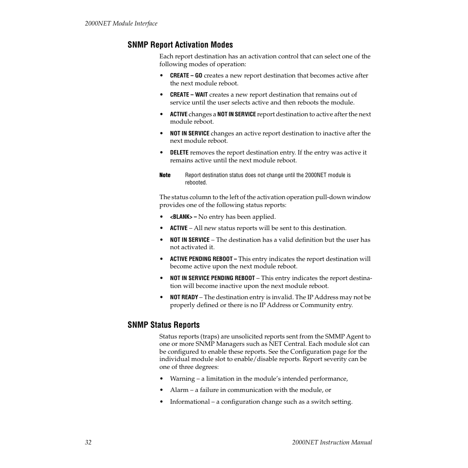 Snmp report activation modes, Snmp status reports | Grass Valley 2000NET v3.1 User Manual | Page 32 / 68