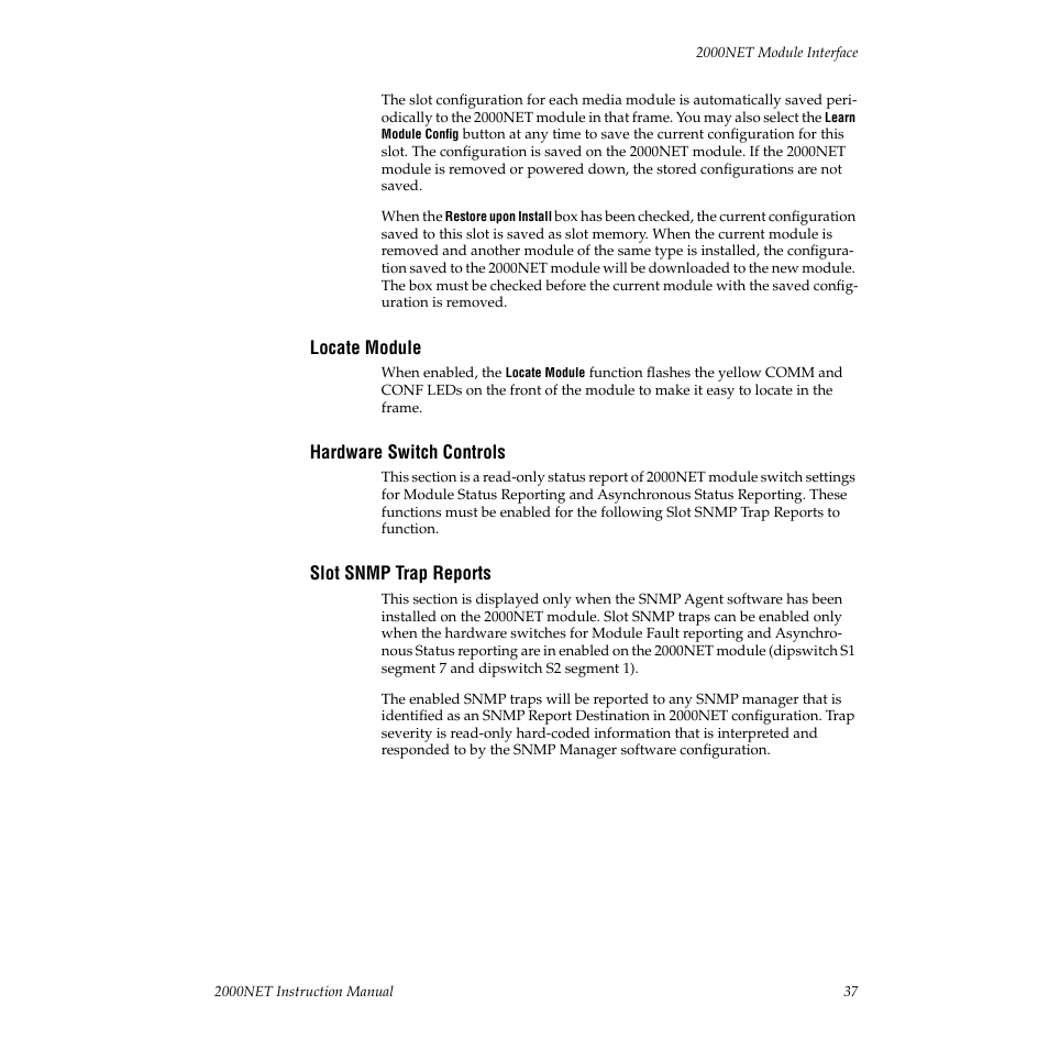 Locate module, Hardware switch controls, Slot snmp trap reports | Grass Valley 2000NET v3.1 User Manual | Page 37 / 68