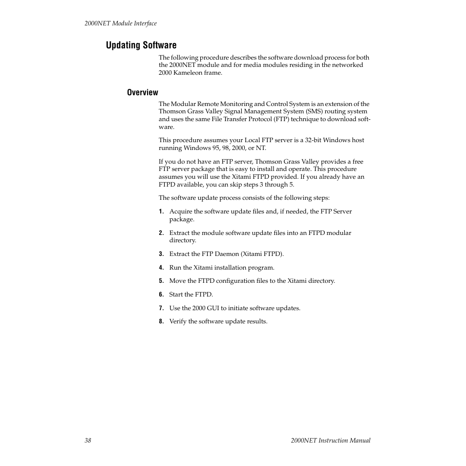 Updating software, Overview | Grass Valley 2000NET v3.1 User Manual | Page 38 / 68