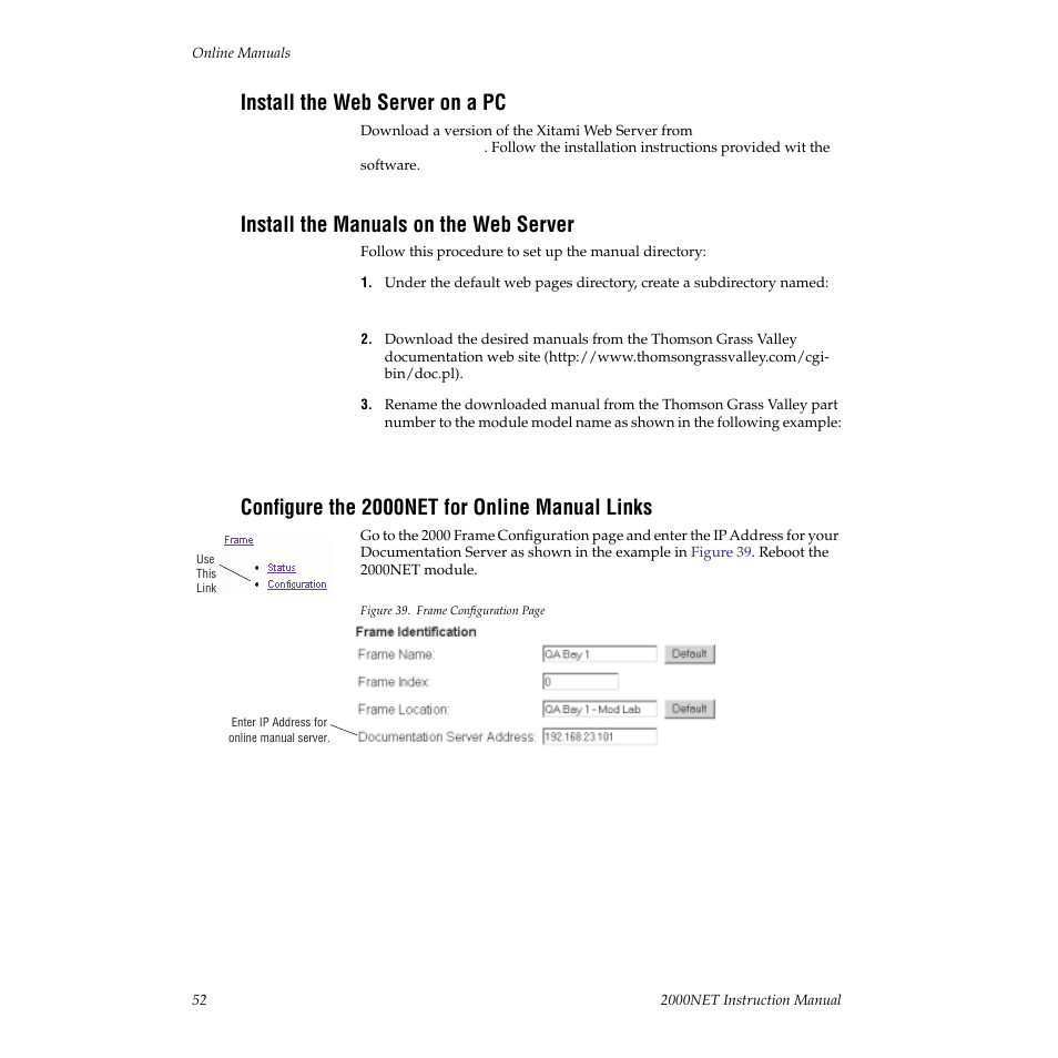 Install the web server on a pc, Install the manuals on the web server, Configure the 2000net for online manual links | Grass Valley 2000NET v3.1 User Manual | Page 52 / 68