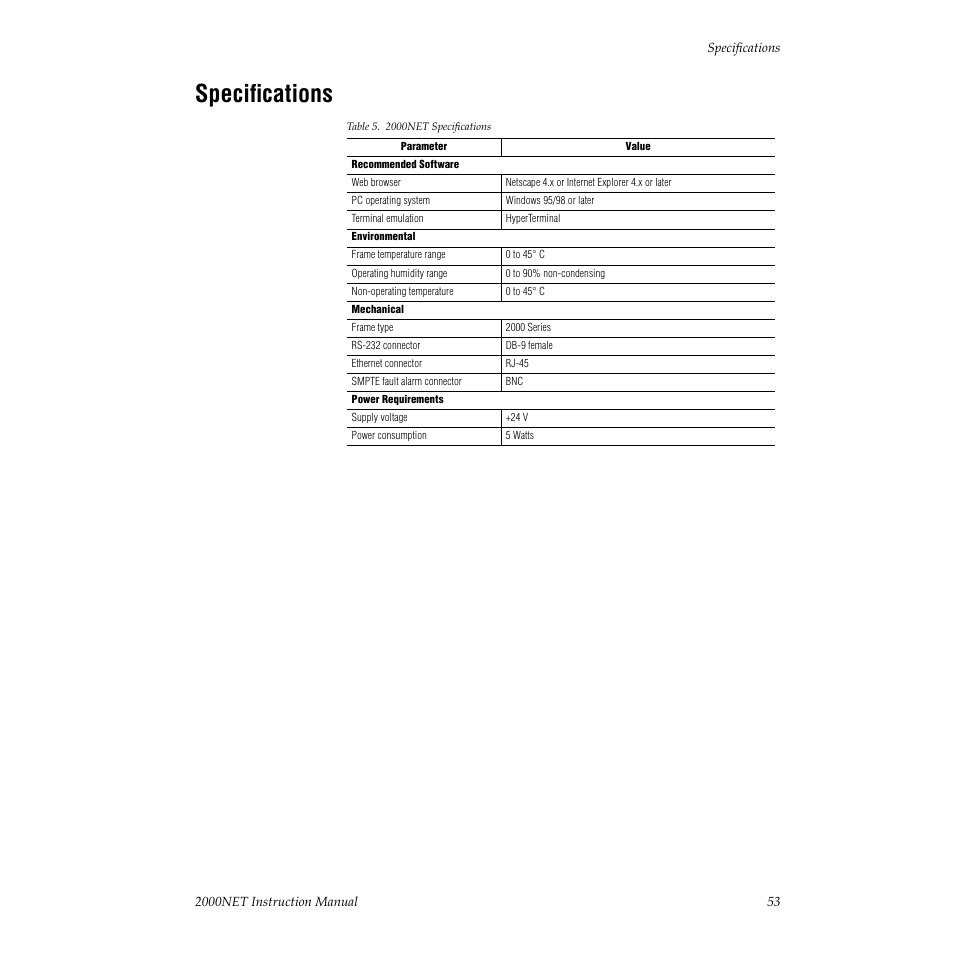 Specifications | Grass Valley 2000NET v3.1 User Manual | Page 53 / 68