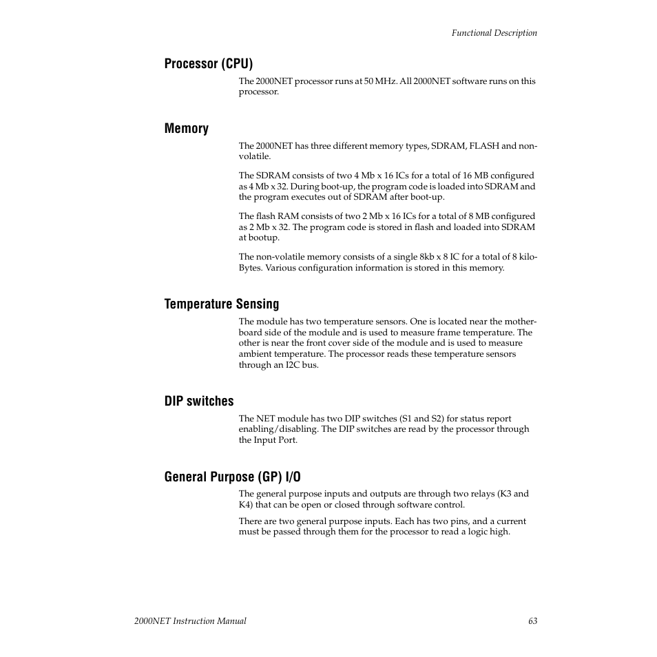 Processor (cpu), Memory, Temperature sensing | Dip switches, General purpose (gp) i/o | Grass Valley 2000NET v3.1 User Manual | Page 63 / 68