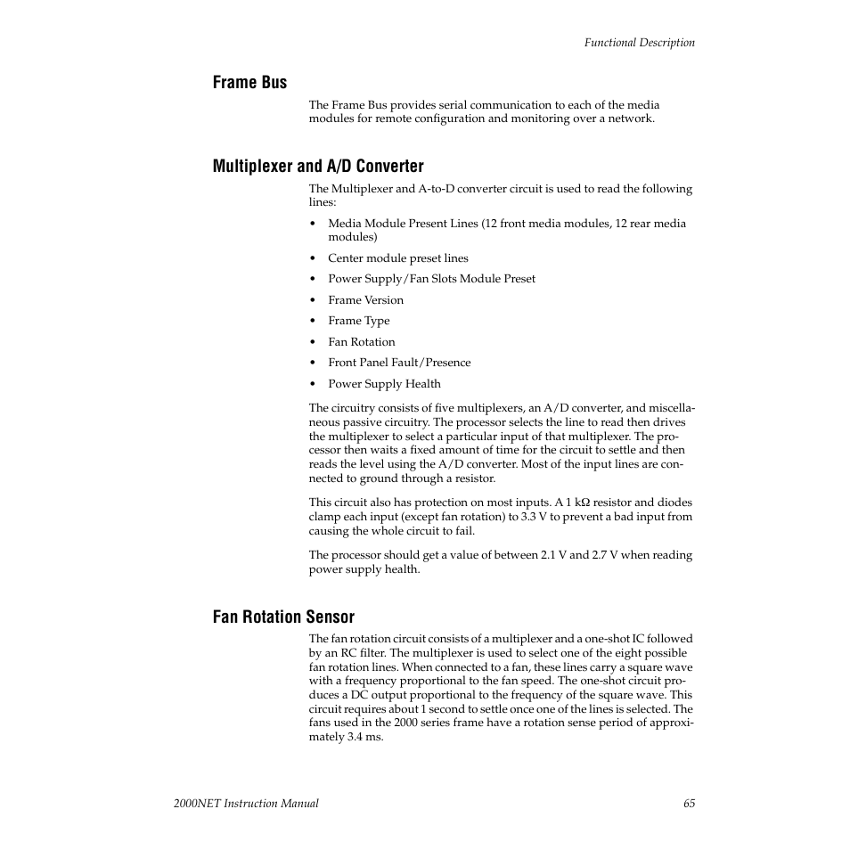 Frame bus, Multiplexer and a/d converter, Fan rotation sensor | Grass Valley 2000NET v3.1 User Manual | Page 65 / 68