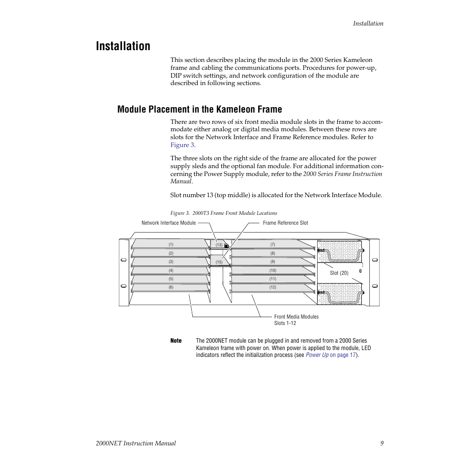 Installation, Module placement in the kameleon frame | Grass Valley 2000NET v3.1 User Manual | Page 9 / 68