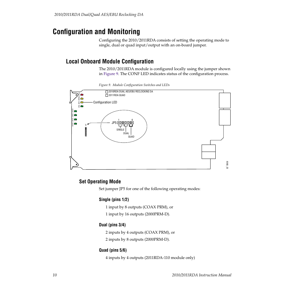 Configuration and monitoring, Local onboard module configuration, Set operating mode | Of operation. refer to | Grass Valley 2010RDA User Manual | Page 16 / 28