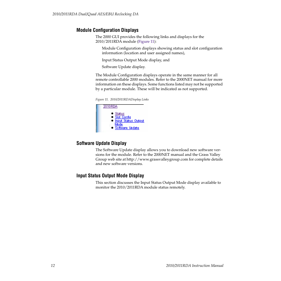 Module configuration displays, Software update display, Input status output mode display | Grass Valley 2010RDA User Manual | Page 18 / 28