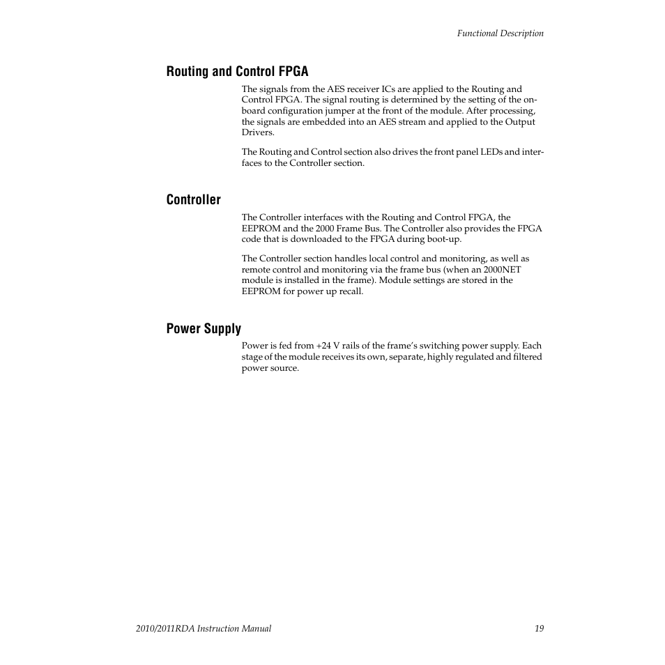 Routing and control fpga, Controller, Power supply | Grass Valley 2010RDA User Manual | Page 25 / 28