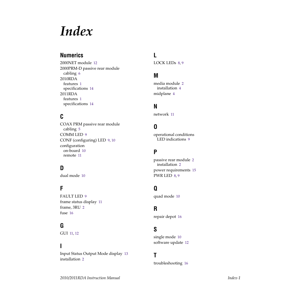 Index, Numerics | Grass Valley 2010RDA User Manual | Page 27 / 28