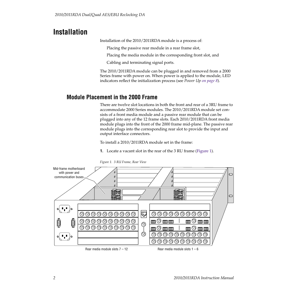 Installation, Module placement in the 2000 frame | Grass Valley 2010RDA User Manual | Page 8 / 28