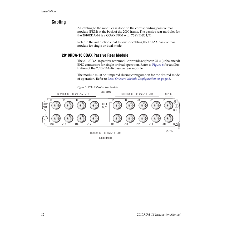 Cabling, 2010rda-16 coax passive rear module | Grass Valley 2010RDA-16 User Manual | Page 12 / 28