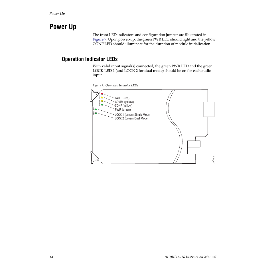 Power up, Operation indicator leds | Grass Valley 2010RDA-16 User Manual | Page 14 / 28