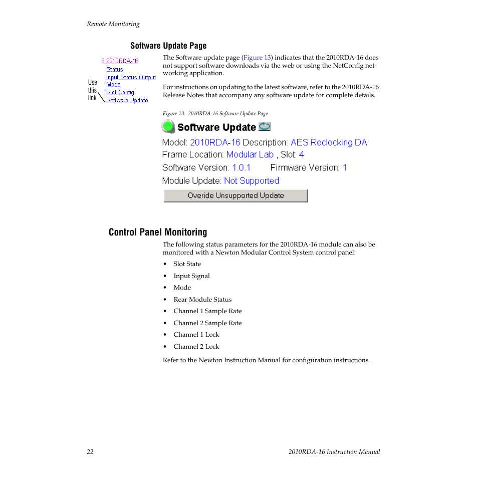 Control panel monitoring | Grass Valley 2010RDA-16 User Manual | Page 22 / 28