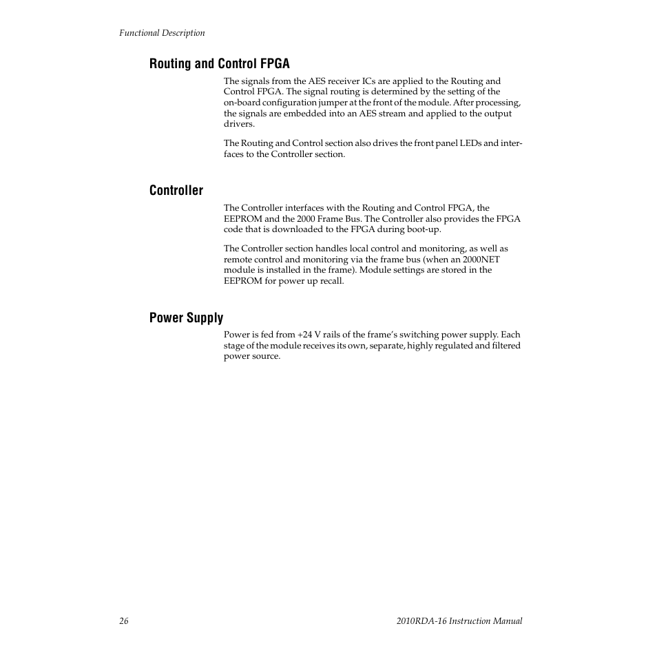 Routing and control fpga, Controller, Power supply | Grass Valley 2010RDA-16 User Manual | Page 26 / 28