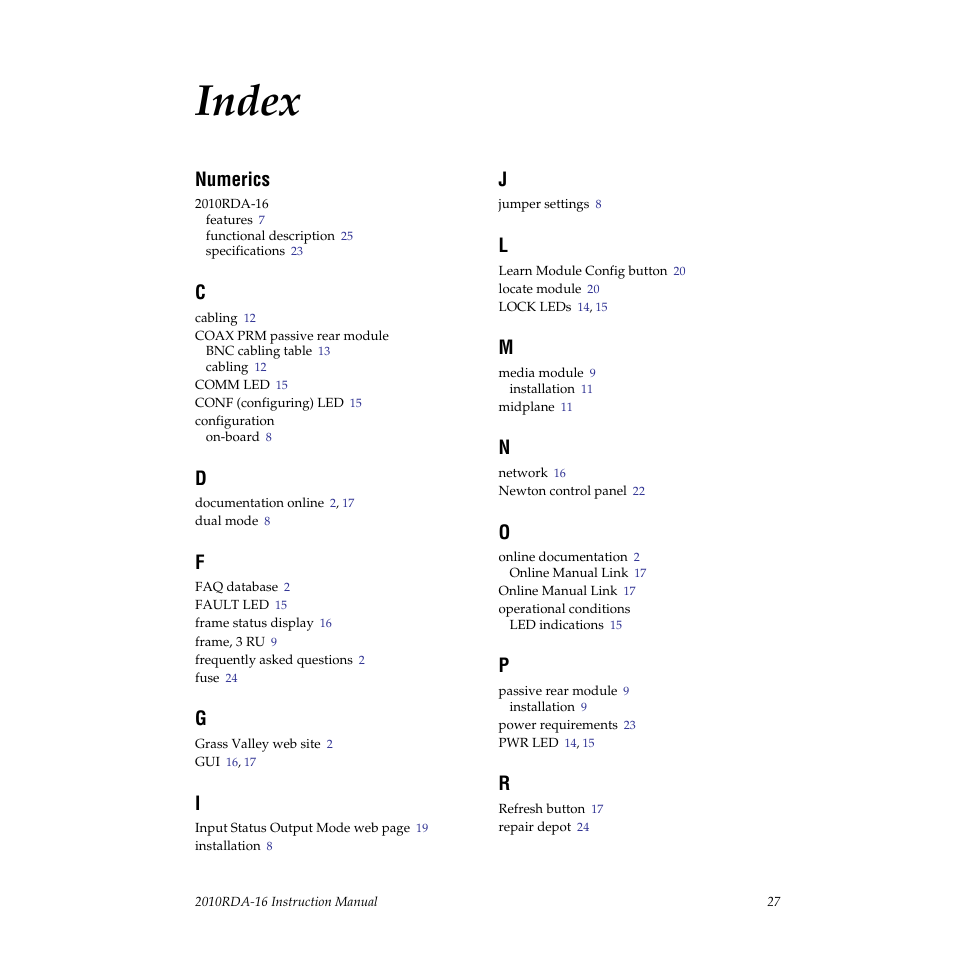 Index, Numerics | Grass Valley 2010RDA-16 User Manual | Page 27 / 28